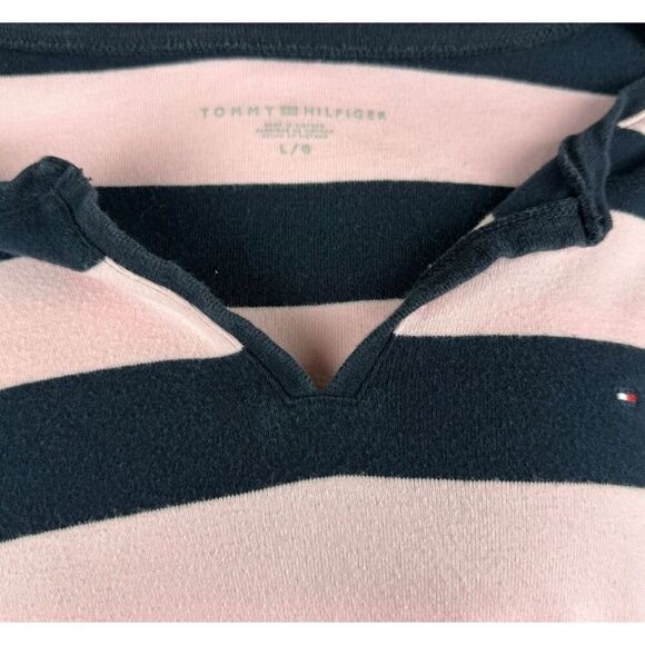 TOMMY HILFIGER Pink and Navy Striped V-neck Tee | Size Large - Picture 4 of 5